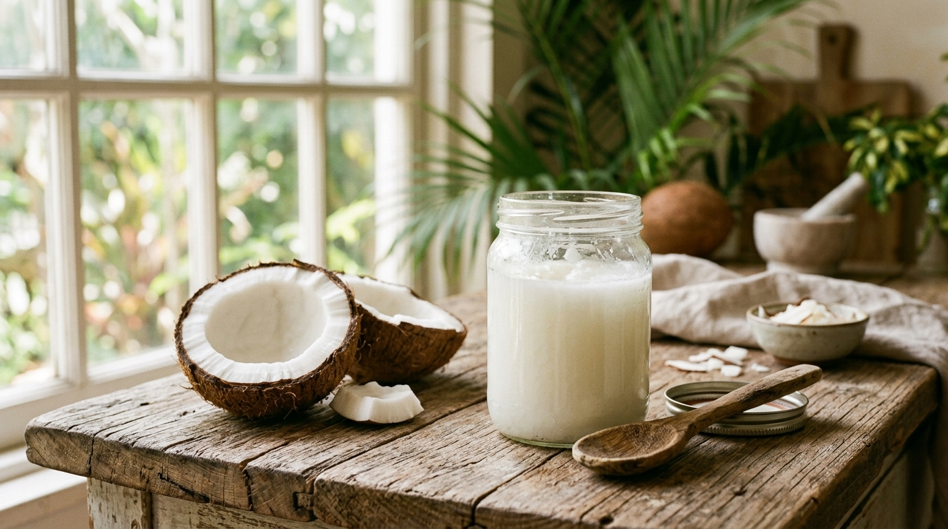 Glass jar of solid coconut oil with fresh coconut halves on a rustic wooden kitchen counter