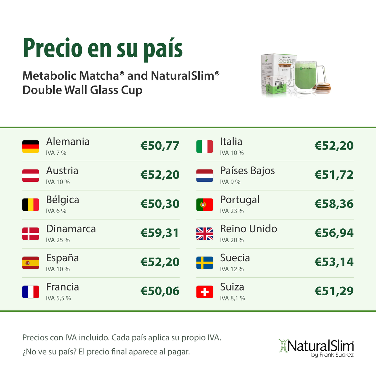 [prices:es] Precio en su país: Metabolic Matcha® and NaturalSlim® Double Wall Glass Cup